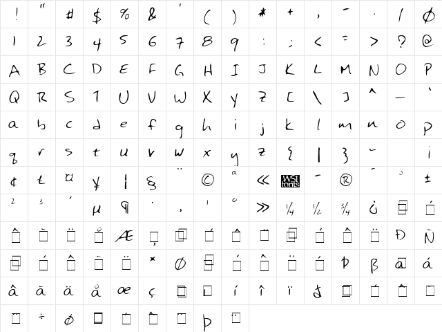 HansonsHand Regular  glyph index