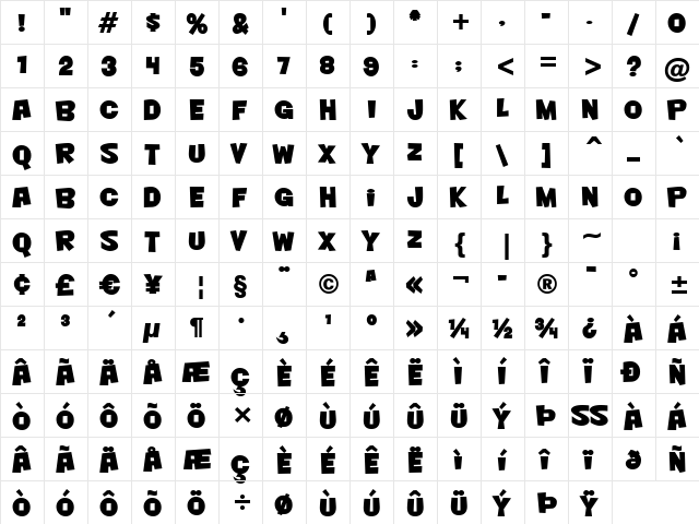 Nightclub BTN Bold  glyph index