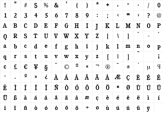 CalgarySerial-Medium Regular  glyph index