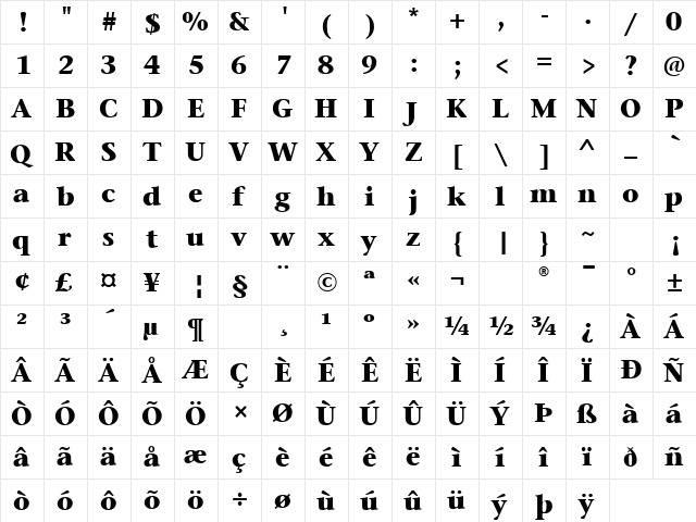 Stone Serif ITC TT Bold  glyph index