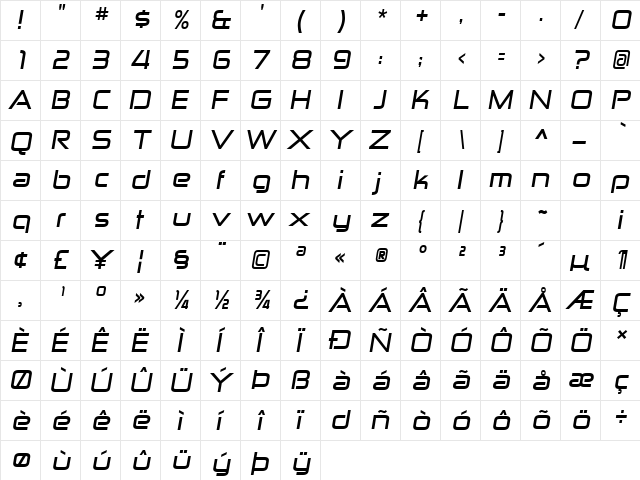 Zekton Ex Bold Italic  glyph index