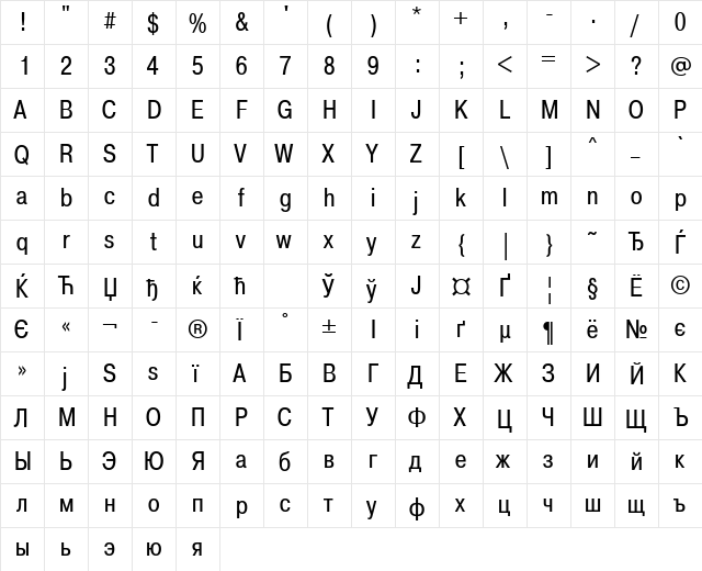 PragmaticaCondCTT Regular  glyph index