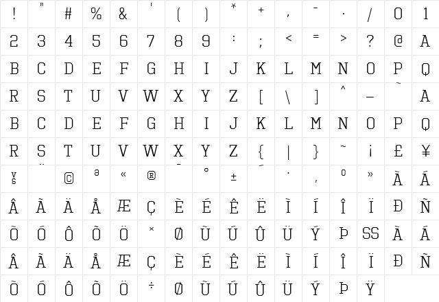 Octin Sports Book  glyph index