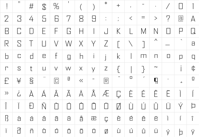 AgencyFB Light Wide Regular  glyph index