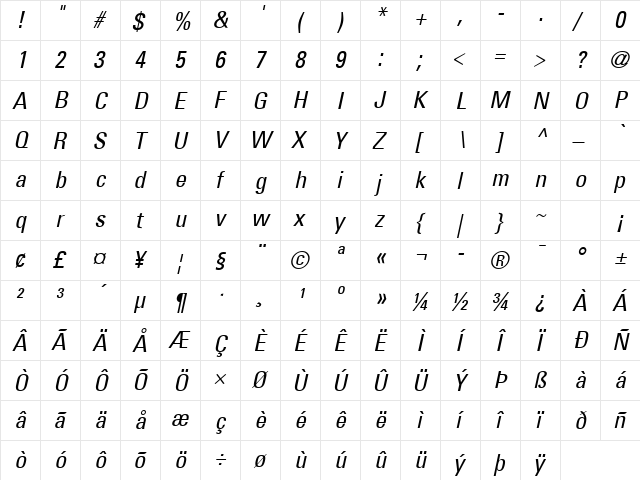 Univers 57 Condensed Italic  glyph index