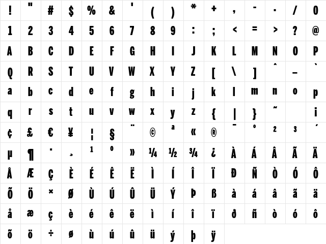 BentonSans ExtraComp Black Regular  glyph index