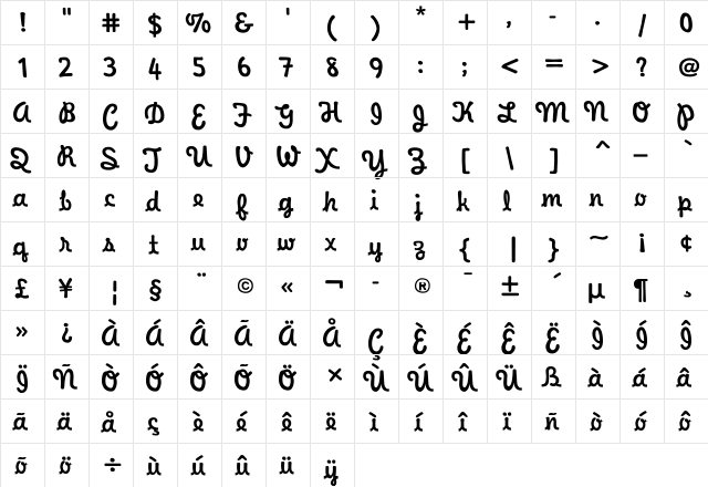 WaveeWeekend Normal  glyph index