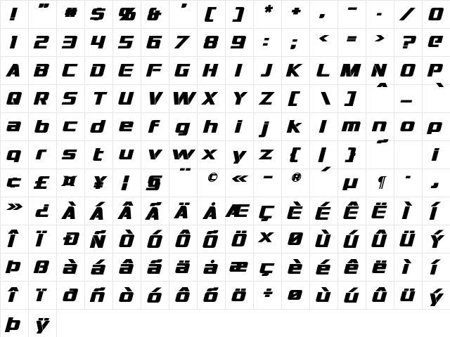 Interceptor Bold Italic  glyph index