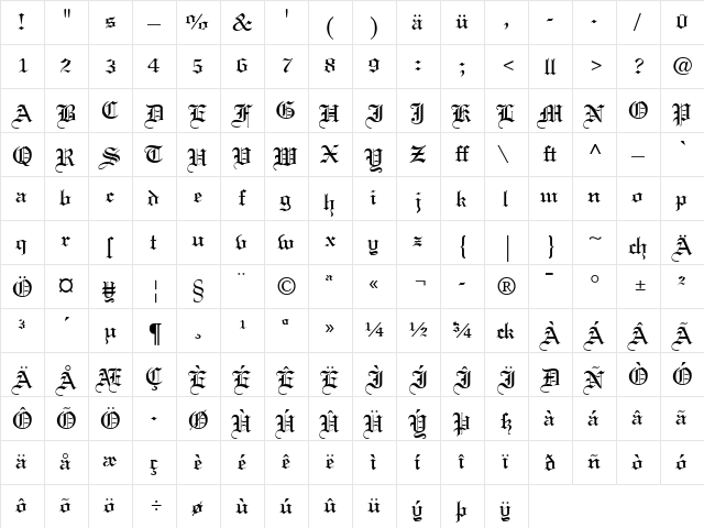 Linotext Dfr Regular  glyph index