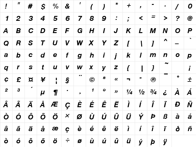 Nimbus Sans Becker D Bold Italic  glyph index