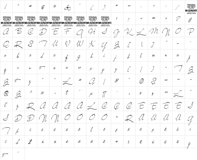 Nacinth PERSONAL USE Thin  glyph index