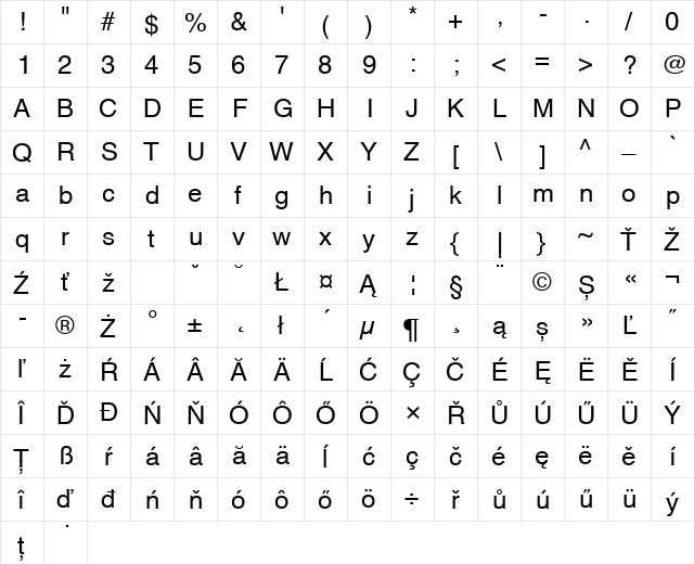 Helvetica CE Regular  glyph index