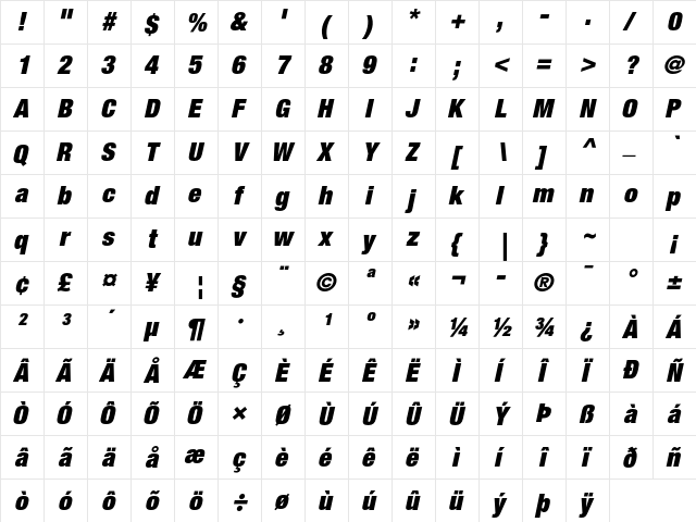 Helvetica Neue LT Std 107 Extra Black Condensed Oblique  glyph index