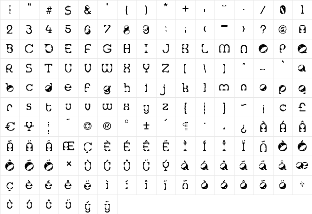 Tralfamadore Regular  glyph index