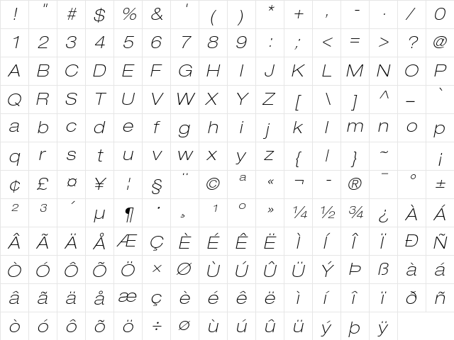 Helvetica Neue LT Pro 33 Thin Extended Oblique  glyph index