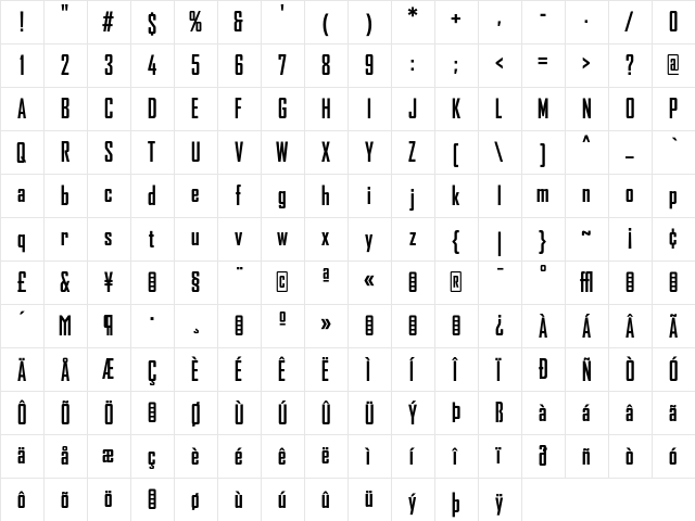 AgencyFB BoldCondensed  glyph index