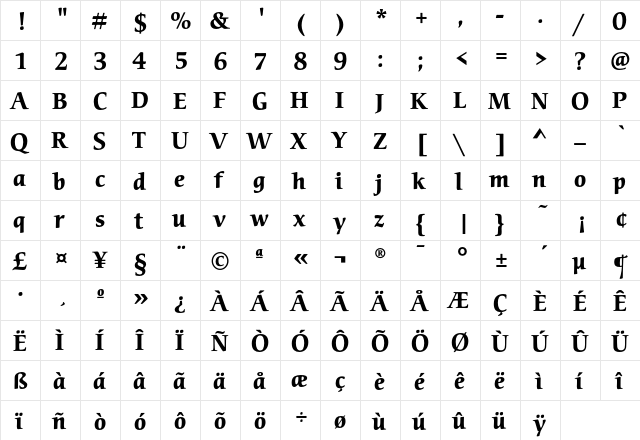 CerigoEF Bold  glyph index