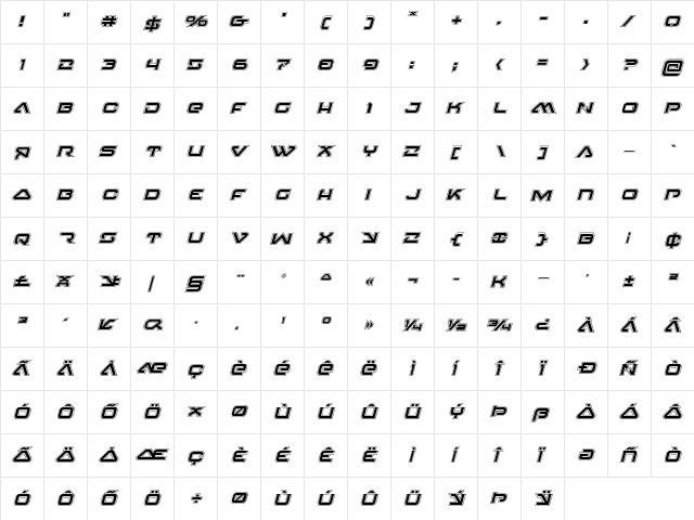 4114 Blaster Academy Italic Italic  glyph index