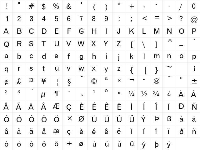 Gothic720 BT Roman  glyph index