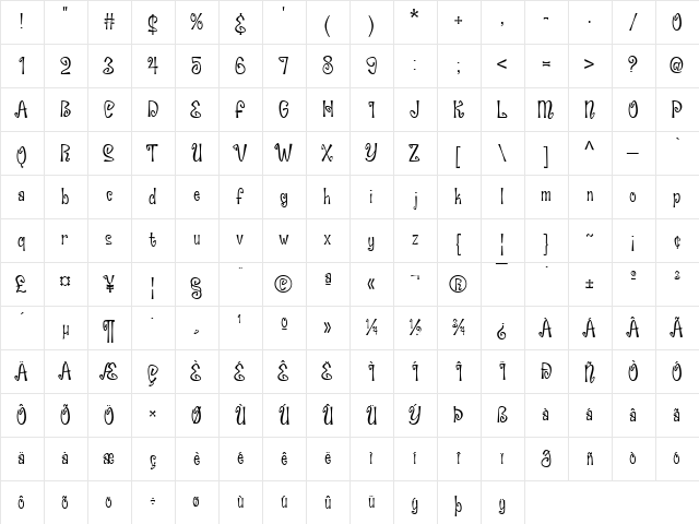 Spell Bound BV Regular  glyph index