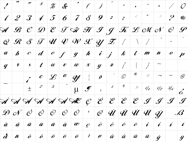 Excalibur Script Regular  glyph index