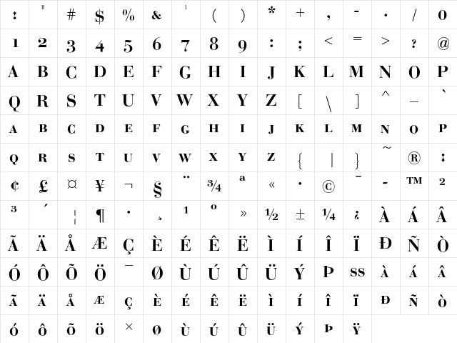 Bauer Bodoni SC D Demi Bold  glyph index