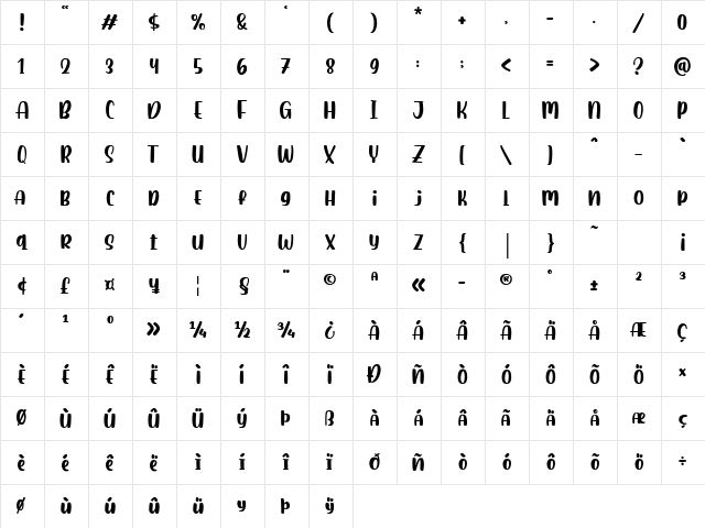 Baimbo Regular  glyph index