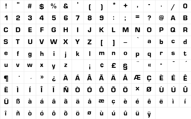 EurostileTHeaRo1 Regular  glyph index