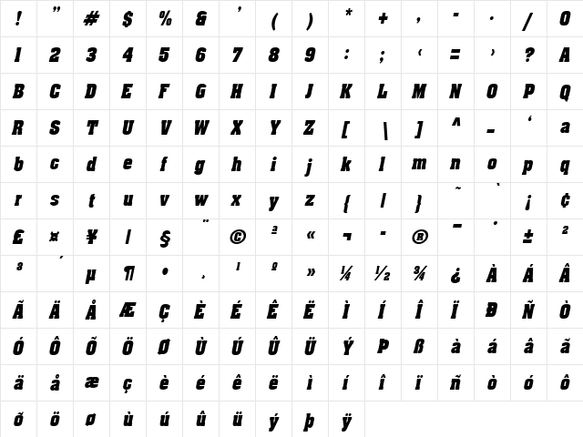 ApexCondensed Oblique  glyph index