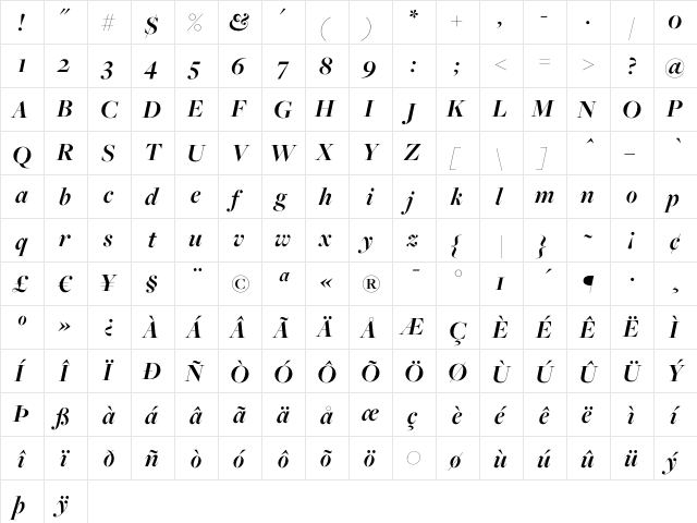 Freight Big Bold Italic  glyph index