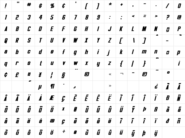 Overseer Oblique Oblique  glyph index
