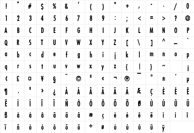 Fuji Condensed Bold  glyph index