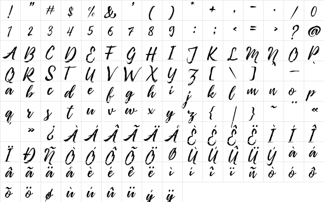 Pennello Free Demo Script Regular  glyph index