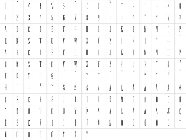 KathCondensed InlineBold  glyph index