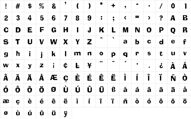 Eugene Regular  glyph index