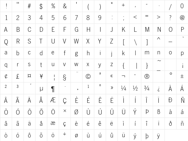 News Gothic Becker Light Regular  glyph index