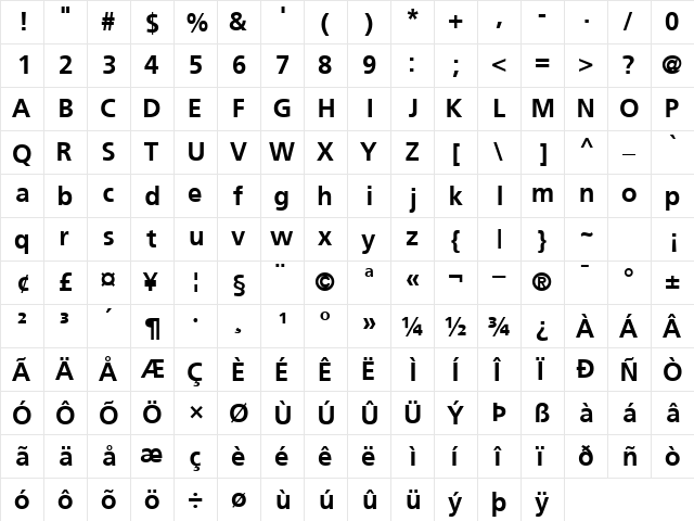 PalmaSSK Bold  glyph index