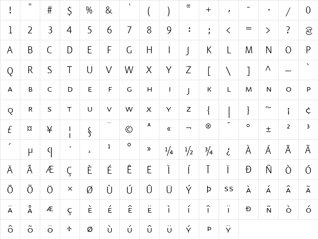 EurekaSans-LightCaps Regular  glyph index