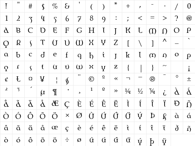 Envision Roman Regular  glyph index