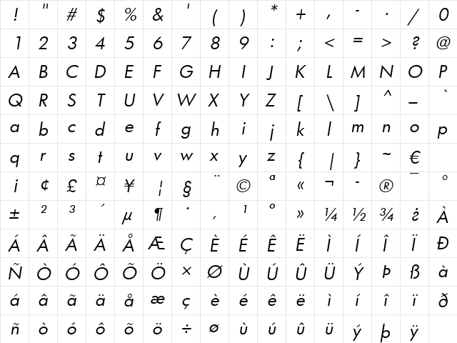 Futura Bk Book Italic  glyph index