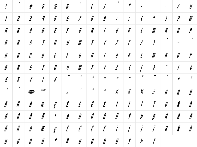 Nemesis Enforcer Condensed Italic Condensed Italic  glyph index