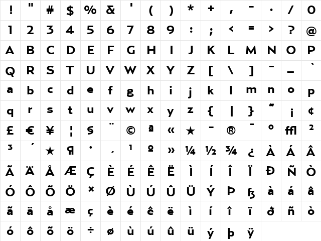 RelayWide-Bold Regular  glyph index