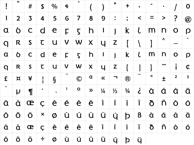 Irish Penny Regular  glyph index