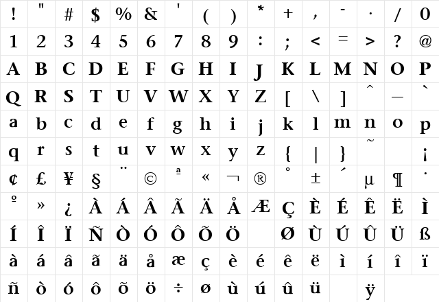 Stone Serif Semi Bold Regular  glyph index