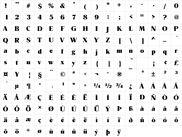 Romana Becker Ultra Regular  glyph index