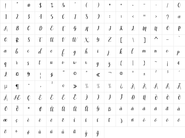 Jealous Script Regular  glyph index
