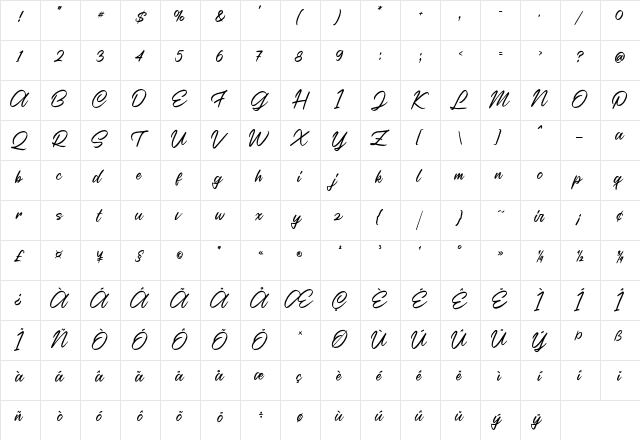 Casira Script Regular  glyph index