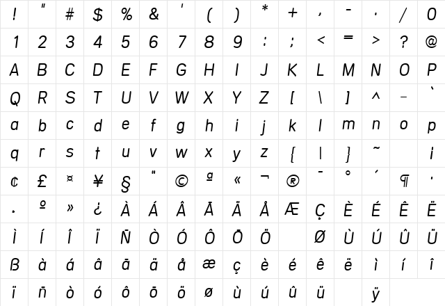 Mercedes Italic  glyph index