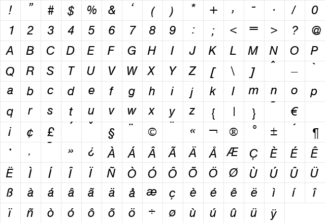 Helmet Italic  glyph index