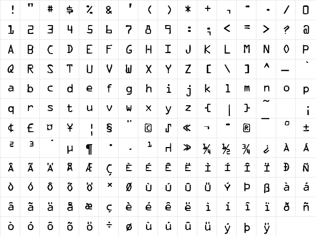 DTCDirtyM36 Regular  glyph index